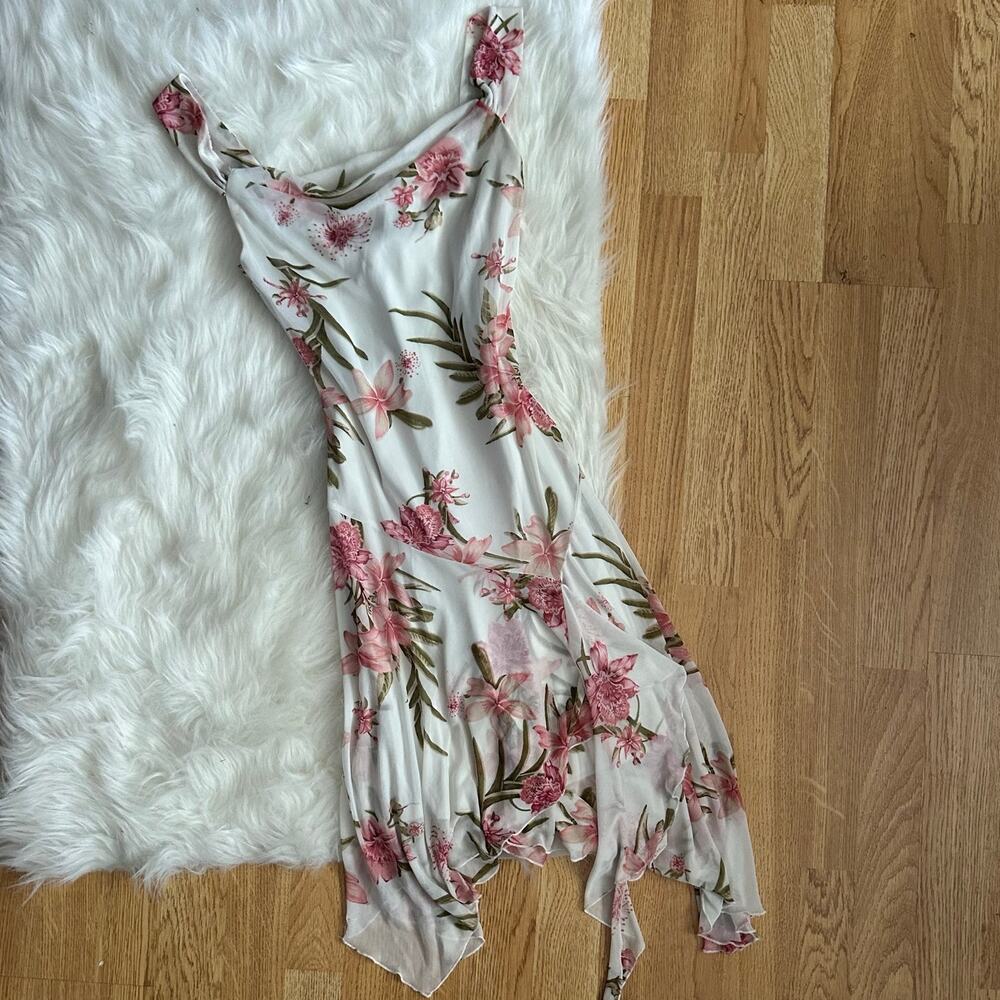 Y2K fairycore Pink Tropical Floral Cowl Neck Handkerchief Hem Dress